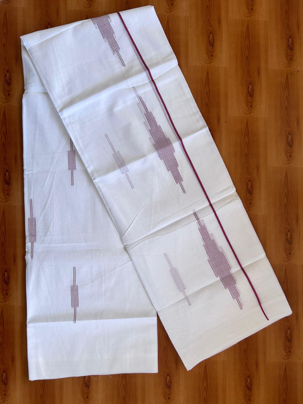 Pure White Double Mundu/Dothi - 20% Discount ! Kaitharikada Balaramapuram 100% Cotton - 100x80 - Maroon Stripes Jacquard Design Kara 3.80 mtr (8 muzham) - 4 KK5516 THI