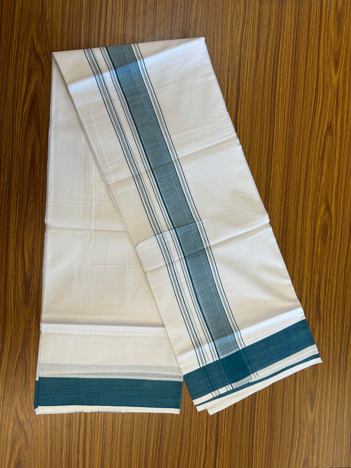 20% Discount!!! KaithariKada Balaramapuram 100% Cotton Double Pure White Mundu/Dhoti - 100X80 - 1.75 Inch Peacock Blue Shaded Stripes kara - 3.90 Mtr (8 Muzham) - 37 KK5361 PMC