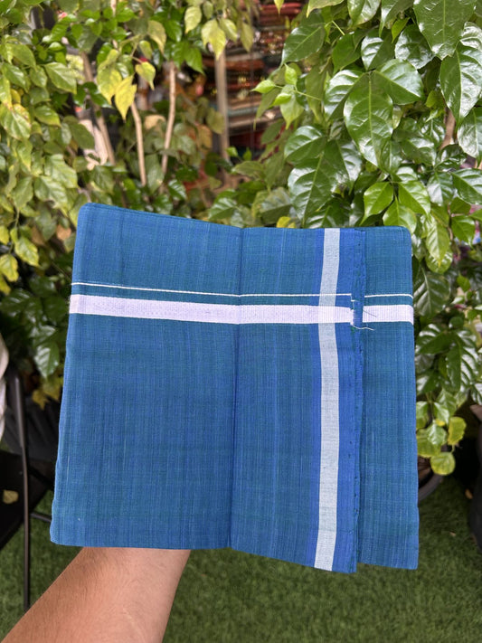 Kerala Handloom Single Hallmarked - 10% Discount !! KaithariKada 100% Pure Cotton - Mundu/Dhoti Peacock Blue Body - 1.5 cm White Kara - (2 meter / 4 muzham) - 38 KK8048 ELA