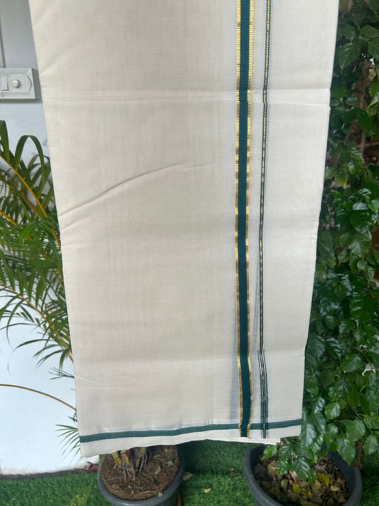 25% DISCOUNT!! KaithariKada HANDLOOM MILPAAV Balaramapuram - 100% PURE Cotton OFF White Double - (Unbleached) Mundu/Dothi - 100x100 - 0.5 Inch Kasavu Green Puliyilakkara chutty - 7KK5177RAM