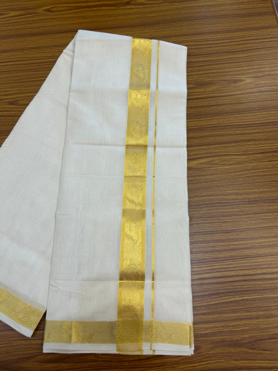 25% Discount ! Kaitharikada Handloom Unakkupaav Balaramapuram - 100% Pure Cotton Off White - (Unbleached) Double Mundu/Dhoti - 100x80 - 1.75 inch Gold Kasav Jacquard Design Kara 4 mtr (8.5 Muzham) - 22 KK5301 ABH