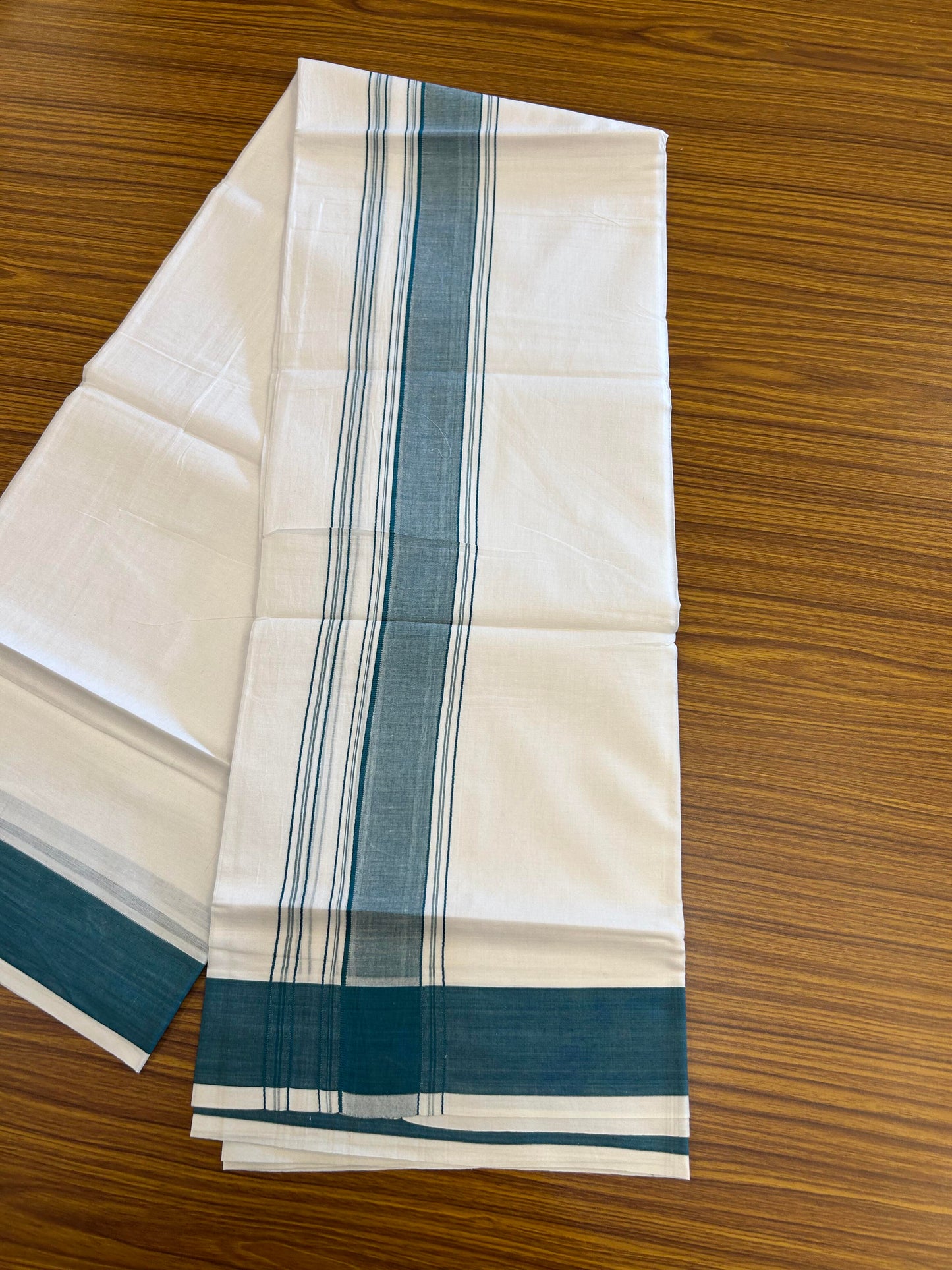 20% Discount!!! KaithariKada Balaramapuram 100% Cotton Double Pure White Mundu/Dhoti - 100X80 - 1.75 Inch Peacock Blue Shaded Stripes kara - 3.90 Mtr (8 Muzham) - 37 KK5361 PMC