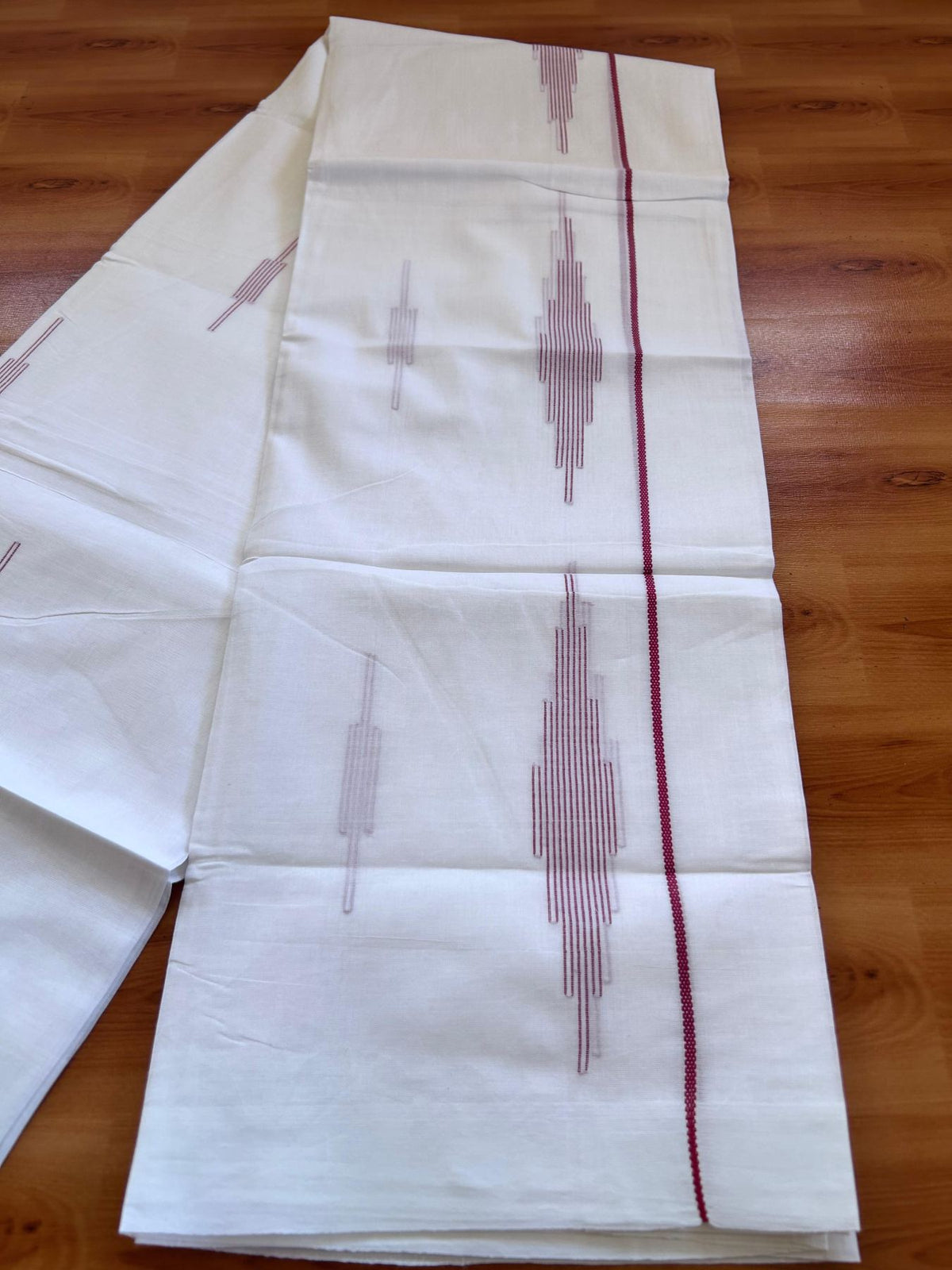 Pure White Double Mundu/Dothi - 20% Discount ! Kaitharikada Balaramapuram 100% Cotton - 100x80 - Maroon Stripes Jacquard Design Kara 3.80 mtr (8 muzham) - 4 KK5516 THI
