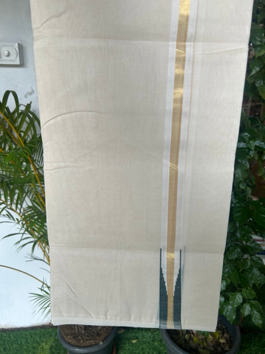 25% DISCOUNT!! KaithariKada HANDLOOM MILPAAV Balaramapuram - 100% PURE Cotton OFF White Double - (Unbleached) Mundu/Dothi - 100x100 - 1 Inch Kasavu Green chutty Kara - 11KK5177RAM
