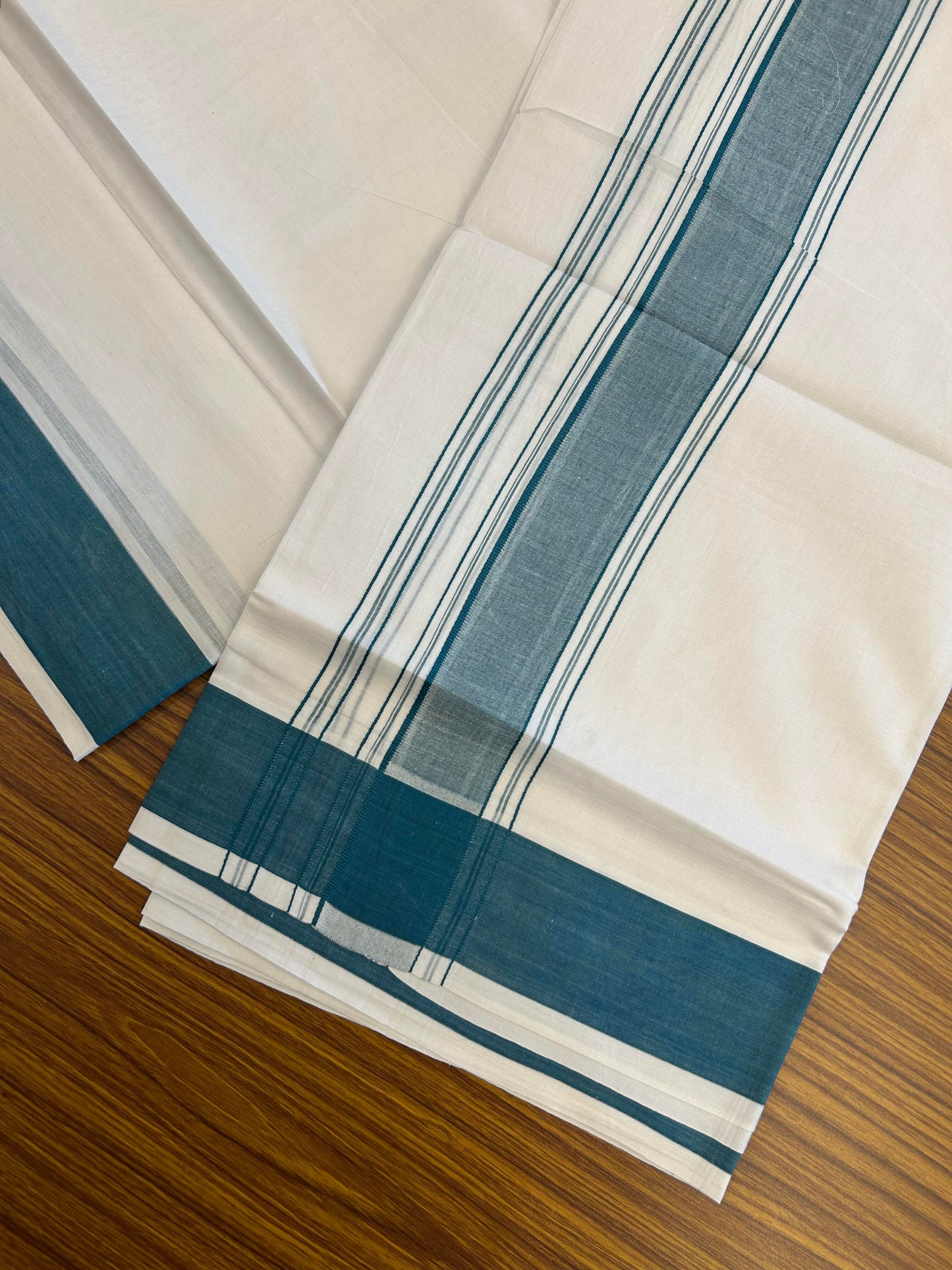 20% Discount!!! KaithariKada Balaramapuram 100% Cotton Double Pure White Mundu/Dhoti - 100X80 - 1.75 Inch Peacock Blue Shaded Stripes kara - 3.90 Mtr (8 Muzham) - 37 KK5361 PMC