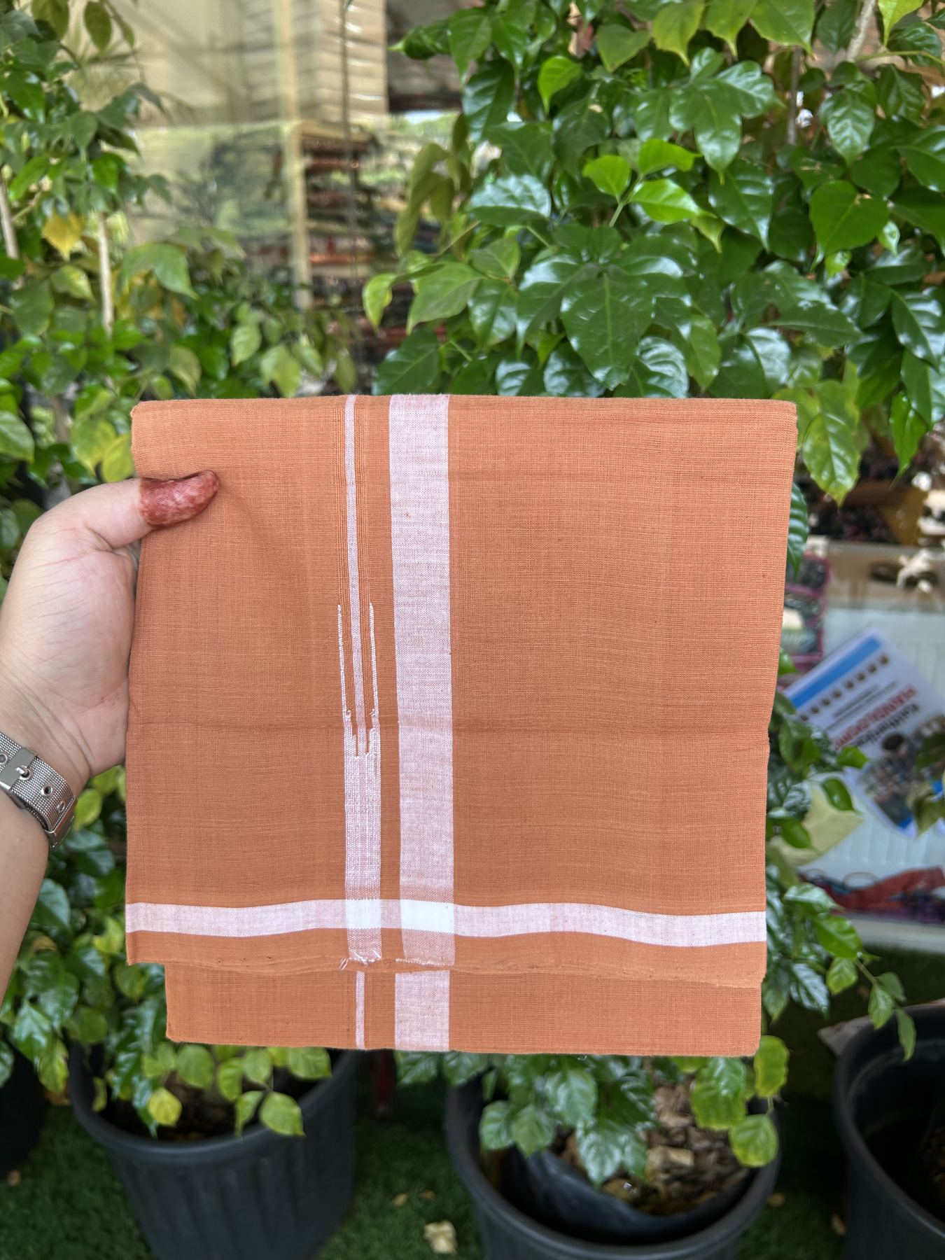 Kerala Handloom Single Hallmarked - 10% Discount !! KaithariKada 100% Pure Cotton - Mundu/Dhoti 2 cm Puliyilakkara White Shaded Chutty Kara with Kavi colour Body - (2 meter / 4 muzham) - 25 KK8048 ELA