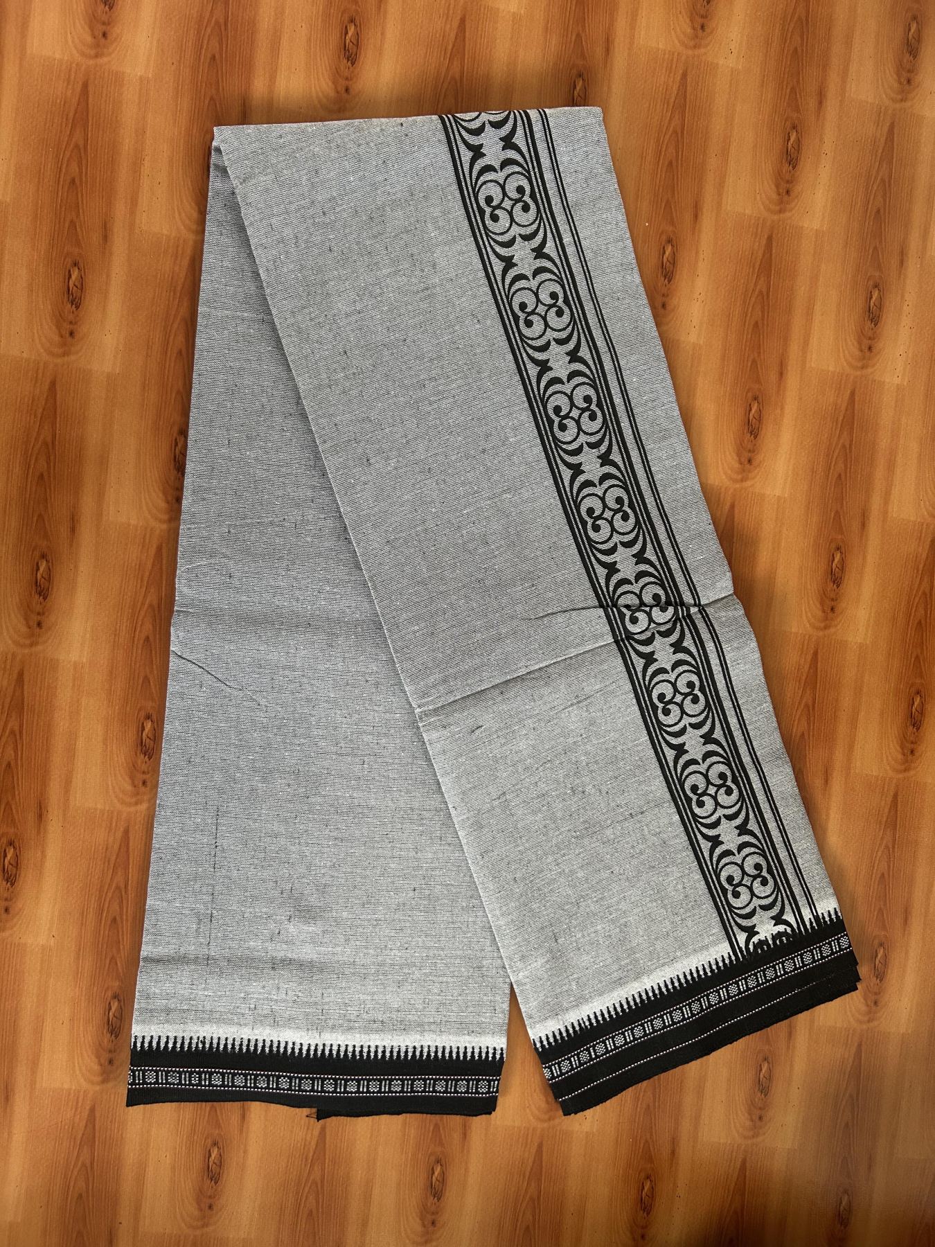 Kaitharikada - Single Kaily / Lungi -Mixed Cotton - 40s twisted - 2 inch Black Design Printed Kuppadam Kara With Grey Colour Body (2 meter / 4 muzham) -2 KK8056 AST