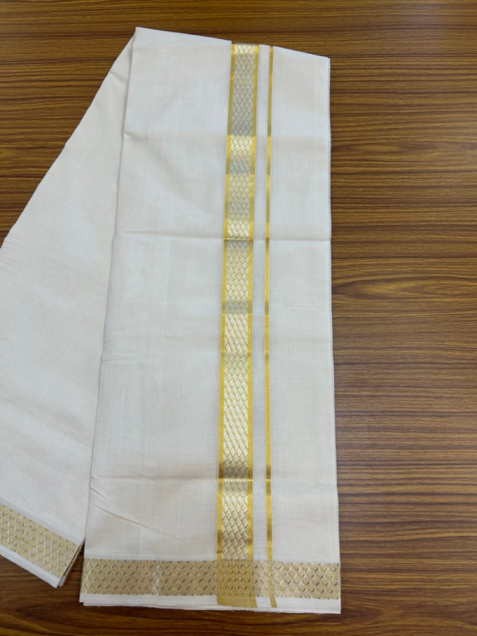 25% Discount ! Kaitharikada Handloom Unakkupaav Balaramapuram - 100% Pure Cotton Off White - (Unbleached) Double Mundu/Dhoti - 100x80 - 1.75 inch Gold & Silver Kasav Jacquard Design Kara 4 mtr (8.5 Muzham) - 23 KK5301 ABH