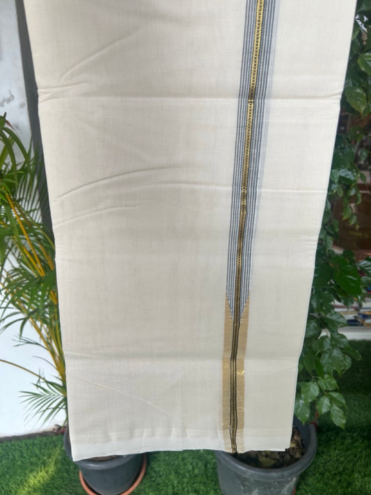 25% DISCOUNT!! KaithariKada HANDLOOM MILPAAV Balaramapuram - 100% PURE Cotton OFF White Double - (Unbleached) Mundu/Dothi - 100x100 - 2 cm Black striped Kasavu chutty Kara - 5KK5177RAM
