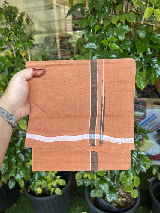 Kerala Handloom Single Hallmarked - 10% Discount !! KaithariKada 100% Pure Cotton - Mundu/Dhoti 2 cm Puliyilakkara White & Black Shaded Chutty Kara with Kavi colour Body - (2 meter / 4 muzham) - 23 KK8048 ELA