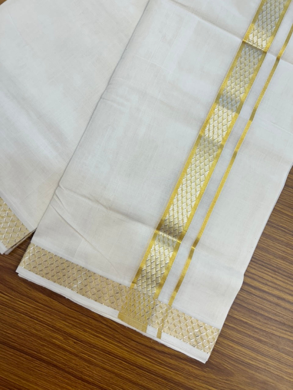25% Discount ! Kaitharikada Handloom Unakkupaav Balaramapuram - 100% Pure Cotton Off White - (Unbleached) Double Mundu/Dhoti - 100x80 - 1.75 inch Gold & Silver Kasav Jacquard Design Kara 4 mtr (8.5 Muzham) - 23 KK5301 ABH