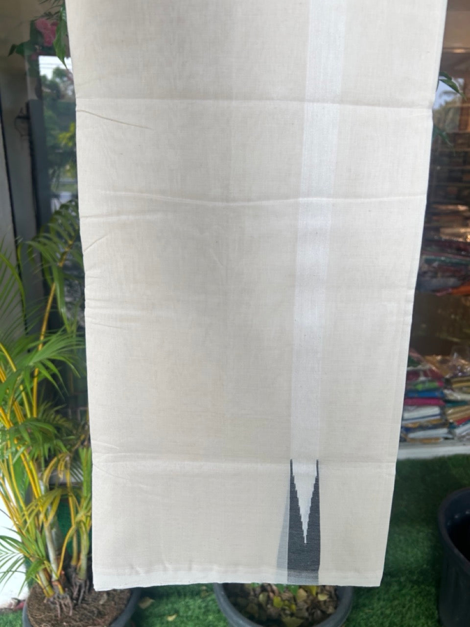 25% DISCOUNT!! KaithariKada HANDLOOM MILPAAV Balaramapuram - 100% PURE Cotton OFF White Double - (Unbleached) Mundu/Dothi - 100x100 - 2 cm Black chutty - 9KK5177RAM