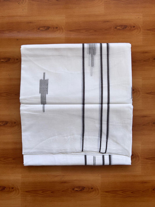 Pure White Double Mundu/Dothi - 20% Discount ! Kaitharikada Balaramapuram 100% Cotton - 100x80 - Coffee Brown Stripes Jacquard Design Kara 3.80 mtr (8 muzham) - 11 KK5516 THI