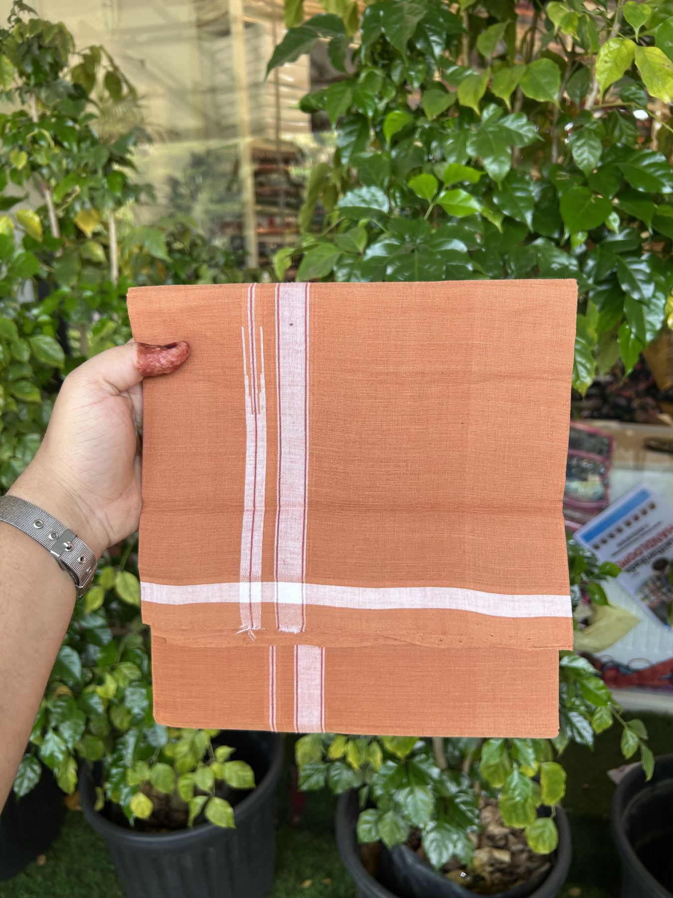 Kerala Handloom Single Hallmarked - 10% Discount !! KaithariKada 100% Pure Cotton - Mundu/Dhoti 1.5 cm Puliyilakkara White Shaded Chutty Kara with Kavi colour Body - (2 meter / 4 muzham) - 26 KK8048 ELA