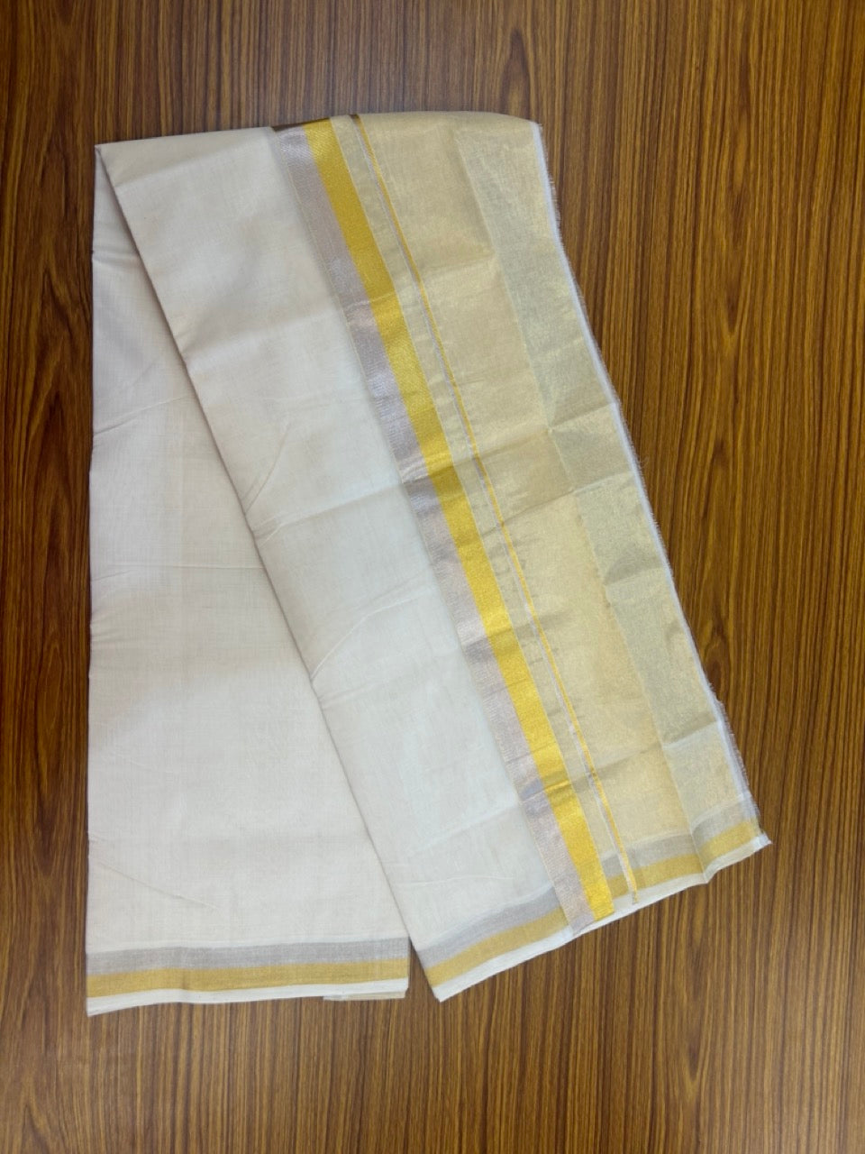 25% Discount ! Kaitharikada Handloom Unakkupaav Balaramapuram - 100% Pure Cotton Off White - (Unbleached) Double Mundu/Dhoti - 100x80 - 7 inch Gold & Silver Kasav Half Tissue Kara 4 mtr (8.5 Muzham) - 26 KK5301 ABH