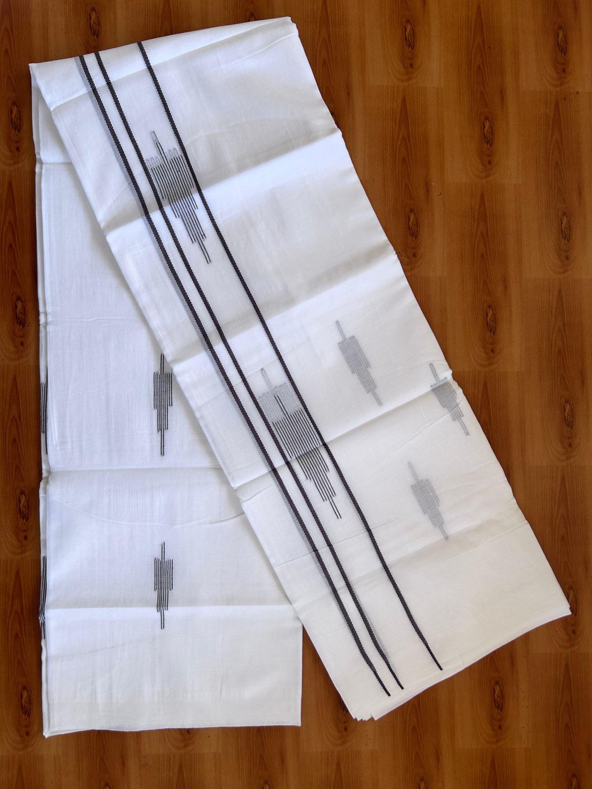 Pure White Double Mundu/Dothi - 20% Discount ! Kaitharikada Balaramapuram 100% Cotton - 100x80 - Coffee Brown Stripes Jacquard Design Kara 3.80 mtr (8 muzham) - 11 KK5516 THI