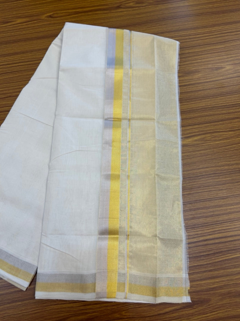 25% Discount ! Kaitharikada Handloom Unakkupaav Balaramapuram - 100% Pure Cotton Off White - (Unbleached) Double Mundu/Dhoti - 100x80 - 7 inch Gold & Silver Kasav Half Tissue Kara 4 mtr (8.5 Muzham) - 26 KK5301 ABH