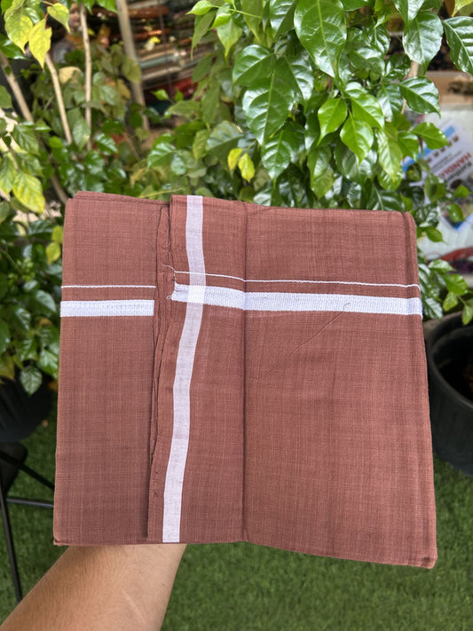 Kerala Handloom Single Hallmarked - 10% Discount !! KaithariKada 100% Pure Cotton - Mundu/Dhoti Dark Brown Body - 1.5 cm White Kara - (2 meter / 4 muzham) - 41 KK8048 ELA