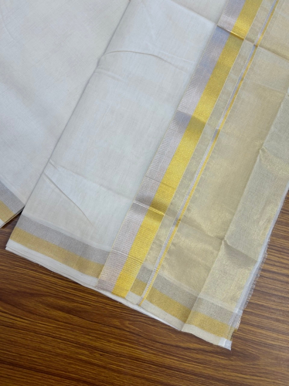 25% Discount ! Kaitharikada Handloom Unakkupaav Balaramapuram - 100% Pure Cotton Off White - (Unbleached) Double Mundu/Dhoti - 100x80 - 7 inch Gold & Silver Kasav Half Tissue Kara 4 mtr (8.5 Muzham) - 26 KK5301 ABH