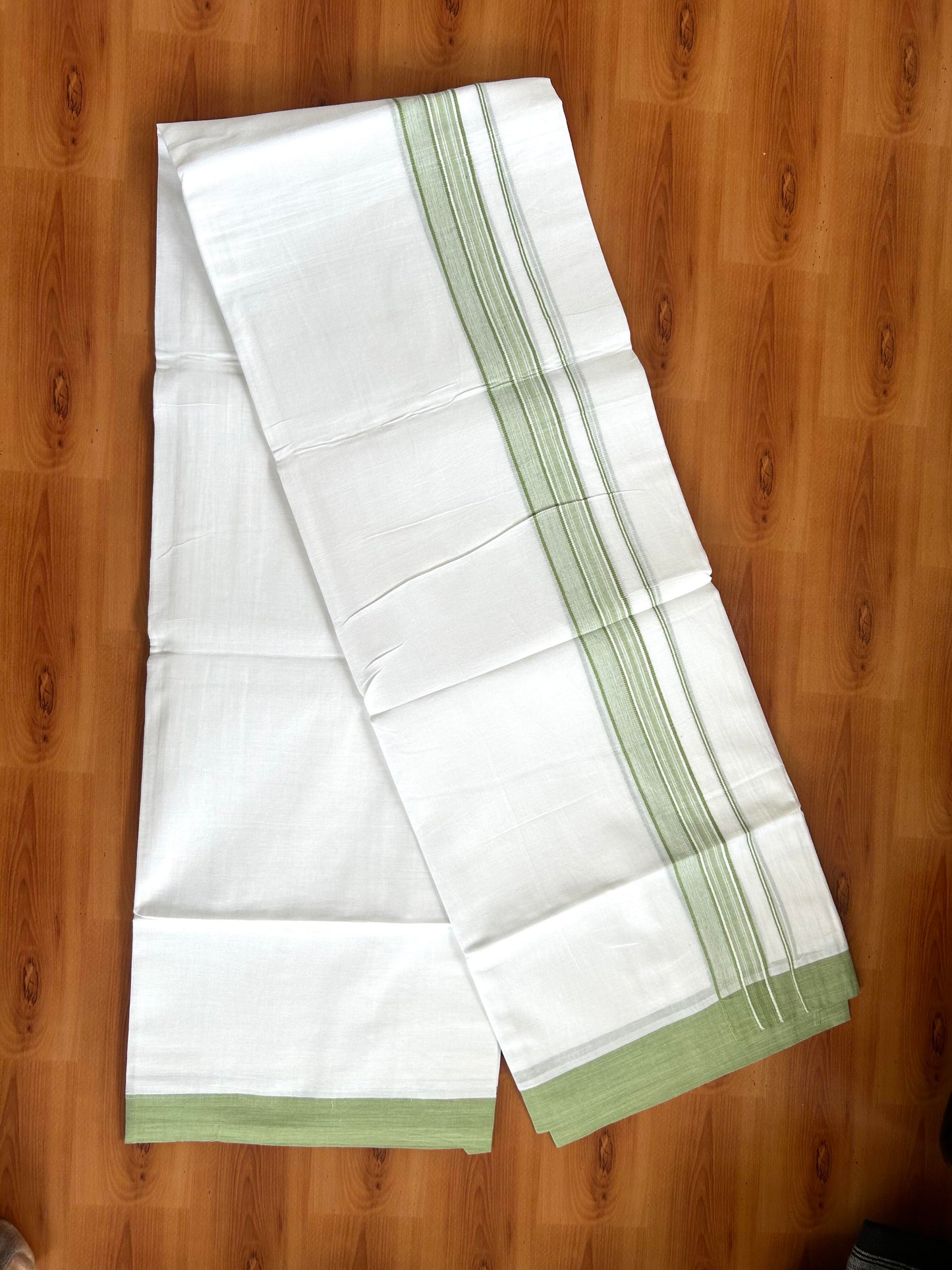 Double Pure White Mundu/Dhoti -20% Discount ! KaithariKada Balaramapuram 100% Cotton - 60s - 1.75 Inch Light Olive Green Shaded Striped Kara - 3.80mtr ( 8 muzham) - 42 KK5398 PMC