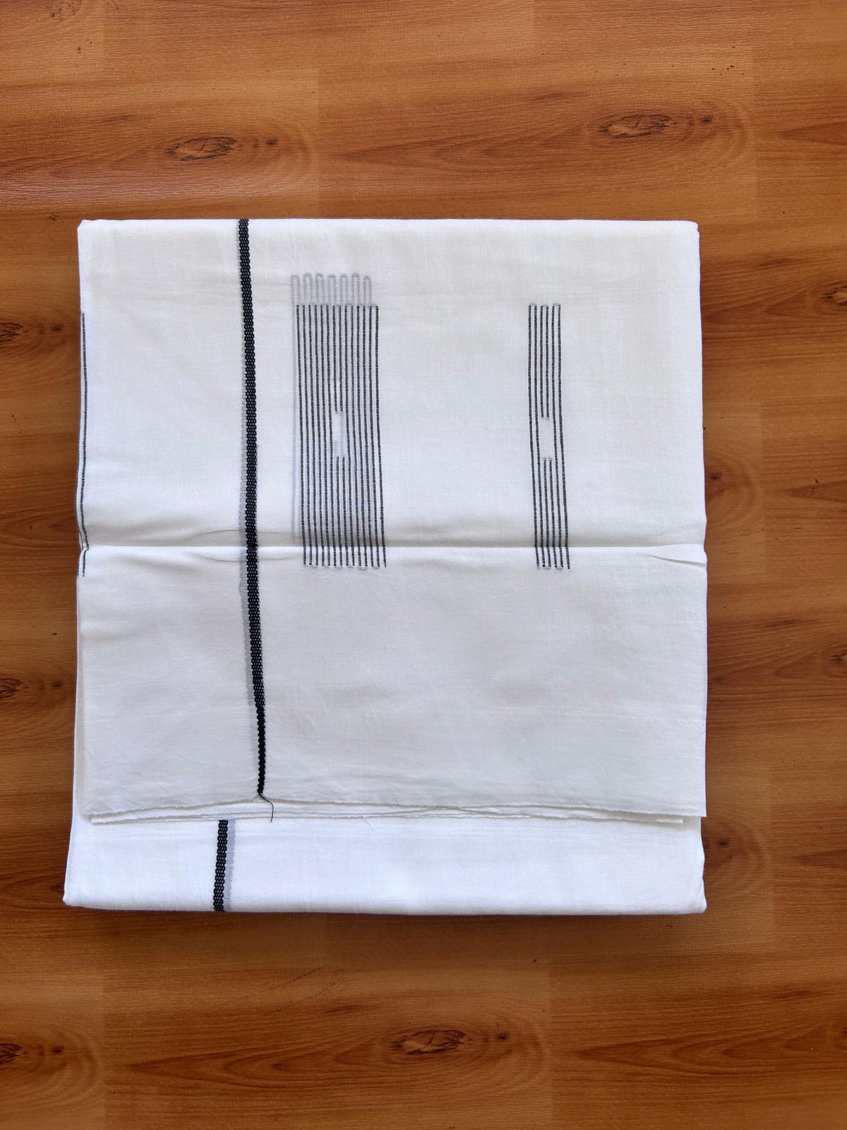Pure White Double Mundu/Dothi - 20% Discount ! Kaitharikada Balaramapuram 100% Cotton - 100x80 - Black Stripes Jacquard Design Kara 3.80 mtr (8 muzham) - 1 KK5516 THI
