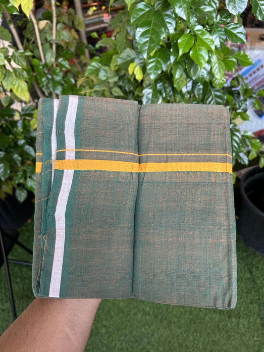 Kerala Handloom Single Hallmarked - 10% Discount !! KaithariKada 100% Pure Cotton - Mundu/Dhoti Orange Green Body - 1.5 cm Orange Kara - (2 meter / 4 muzham) - 54 KK8048 ELA