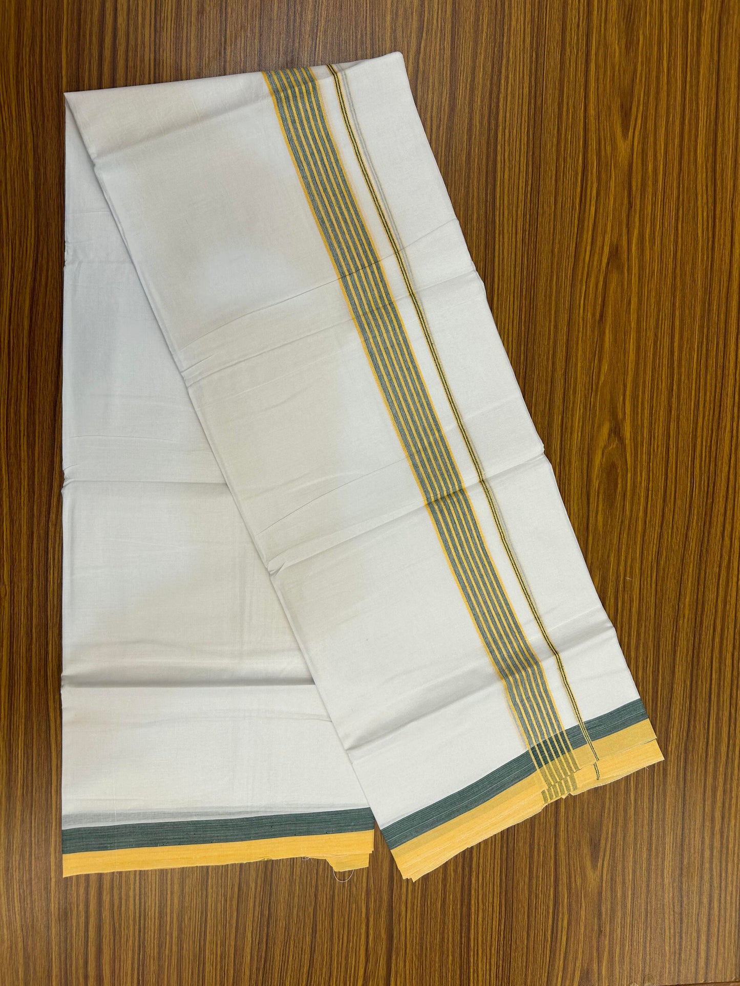 20% Discount ! KaithariKada Balaramapuram Double Pure White Mundu/Dhoti - 100x80 - 1.25 inch Yellow & Green Shaded Striped kara - 3.90 Mtr (8 Muzham) - 31 KK5361 PMC