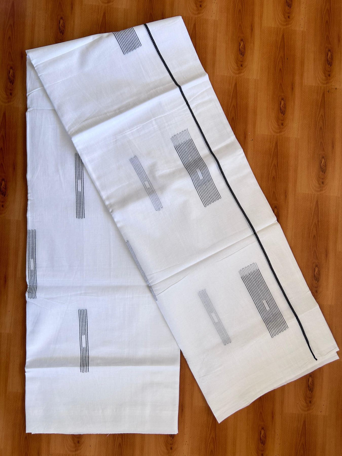 Pure White Double Mundu/Dothi - 20% Discount ! Kaitharikada Balaramapuram 100% Cotton - 100x80 - Black Stripes Jacquard Design Kara 3.80 mtr (8 muzham) - 1 KK5516 THI