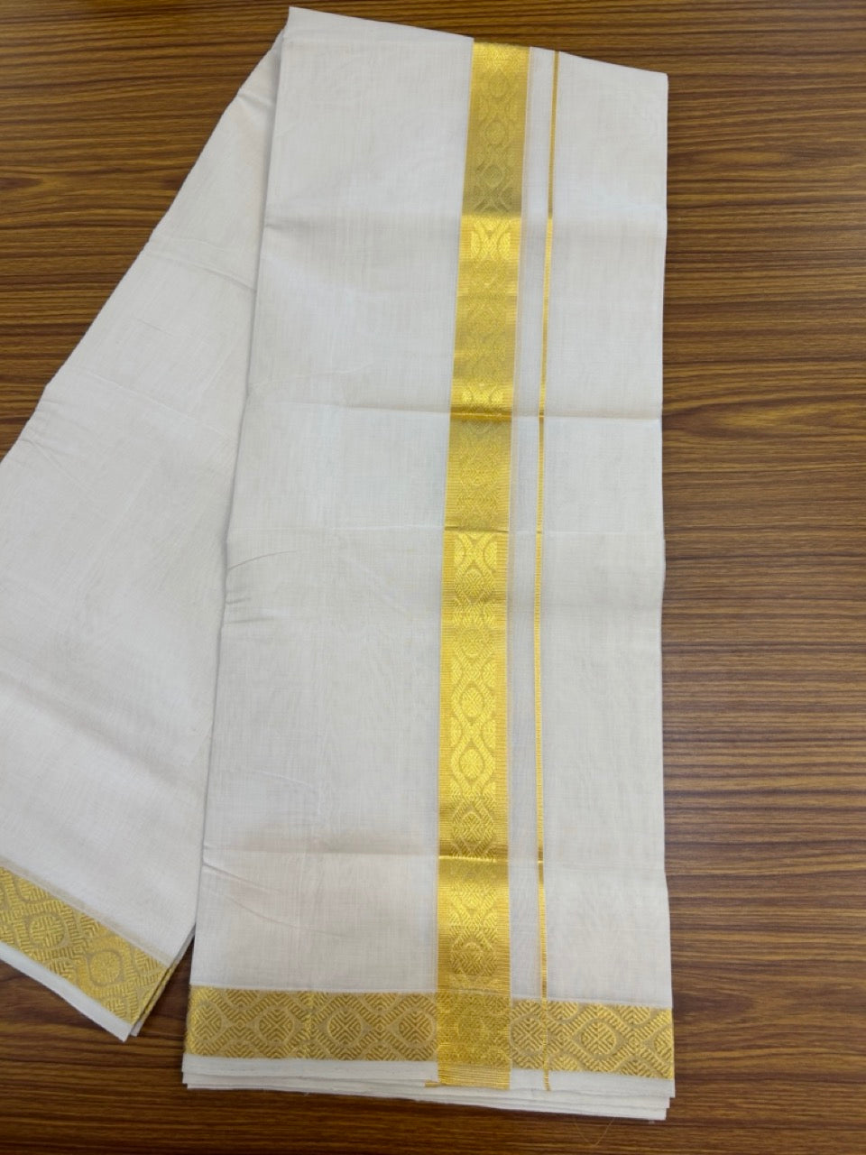 25% Discount ! Kaitharikada Handloom Unakkupaav Balaramapuram - 100% Pure Cotton Off White - (Unbleached) Double Mundu/Dhoti - 100x80 - 1.5 inch Gold Kasav Jacquard Design Kara 4 mtr (8.5 Muzham) - 24 KK5301 ABH