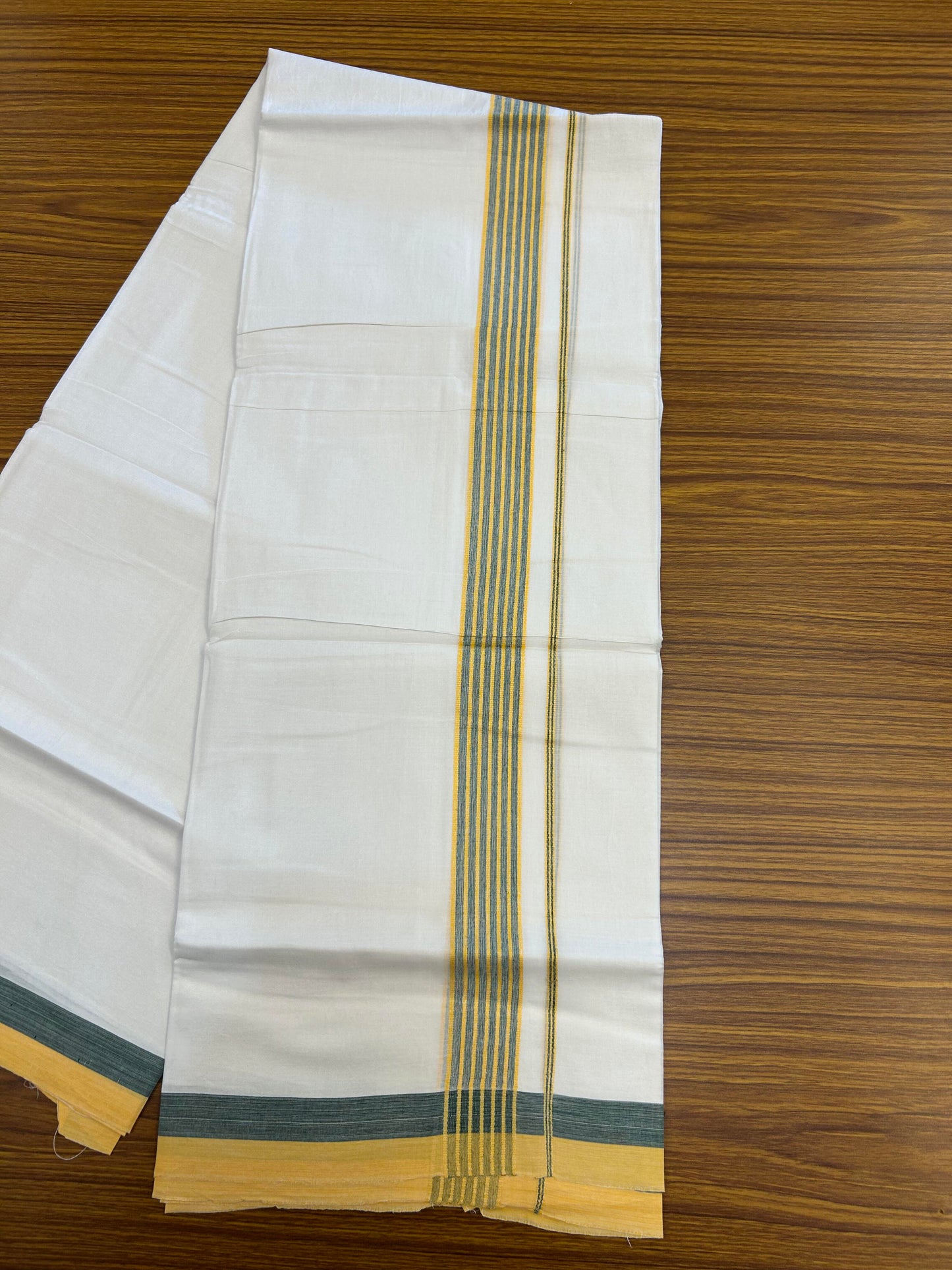 20% Discount ! KaithariKada Balaramapuram Double Pure White Mundu/Dhoti - 100x80 - 1.25 inch Yellow & Green Shaded Striped kara - 3.90 Mtr (8 Muzham) - 31 KK5361 PMC