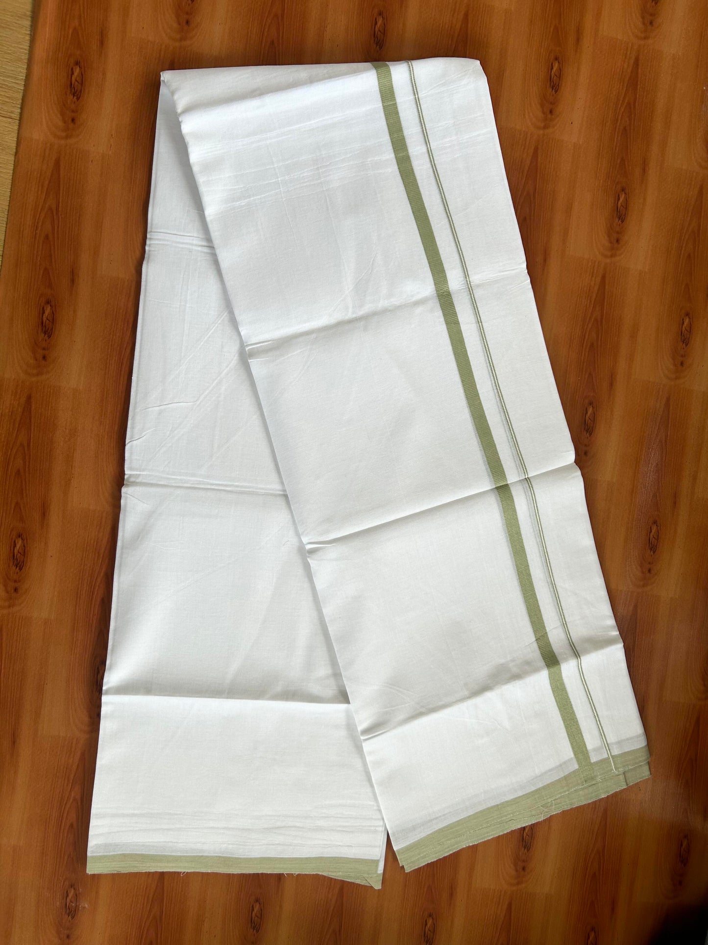 Double Pure White Mundu/Dhoti -20% Discount ! KaithariKada Balaramapuram 100% Cotton - 60s - 0.5 Inch Light Olive Green Shaded Striped Kara - 3.80mtr ( 8 muzham) - 60 KK5398 PMC