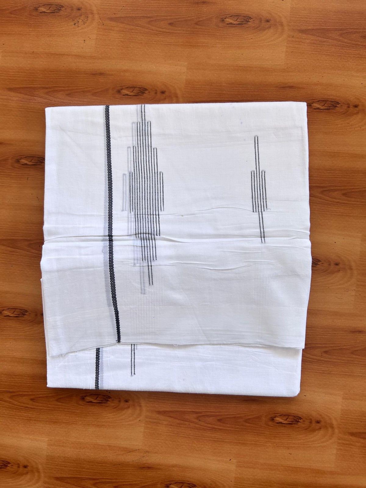 Pure White Double Mundu/Dothi - 20% Discount ! Kaitharikada Balaramapuram 100% Cotton - 100x80 - Blue & Grey Stripes Jacquard Design Kara 3.80 mtr (8 muzham) - 7 KK5516 THI