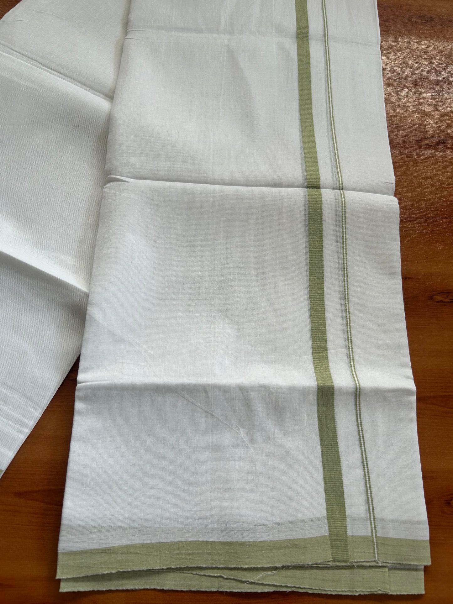 Double Pure White Mundu/Dhoti -20% Discount ! KaithariKada Balaramapuram 100% Cotton - 60s - 0.5 Inch Light Olive Green Shaded Striped Kara - 3.80mtr ( 8 muzham) - 60 KK5398 PMC