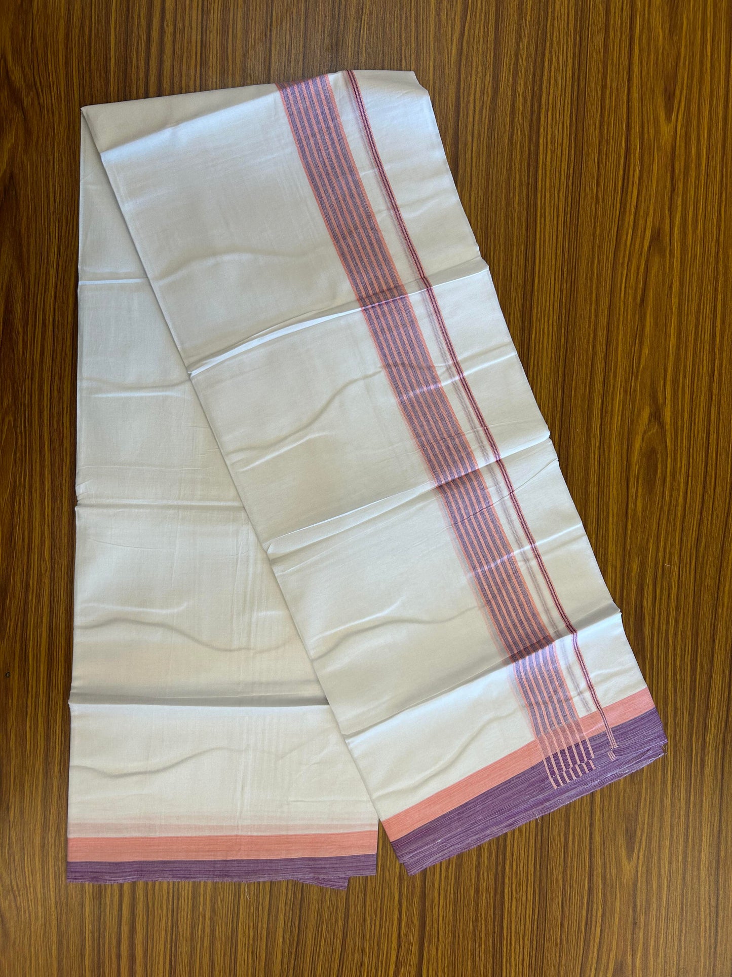 20% Discount ! KaithariKada Balaramapuram Double Pure White Mundu/Dhoti - 100x80 - 1.5 inch Peach Pink & Purple Shaded Striped kara - 3.90 Mtr (8 Muzham) - 32 KK5361 PMC