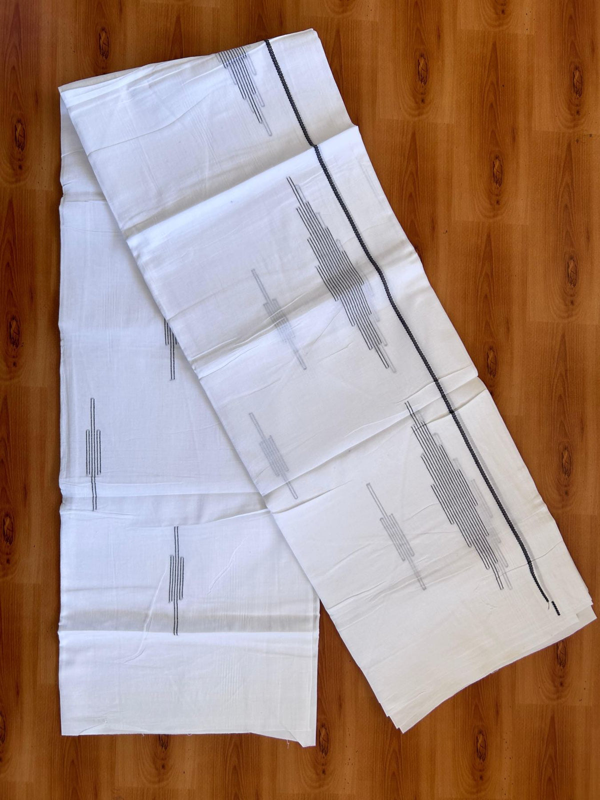 Pure White Double Mundu/Dothi - 20% Discount ! Kaitharikada Balaramapuram 100% Cotton - 100x80 - Blue & Grey Stripes Jacquard Design Kara 3.80 mtr (8 muzham) - 7 KK5516 THI