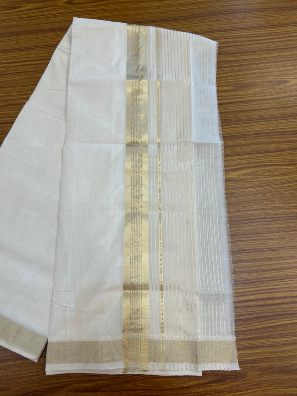 25% Discount ! Kaitharikada Handloom Unakkupaav Balaramapuram - 100% Pure Cotton Off White - (Unbleached) Double Mundu/Dhoti - 100x80 - 7 inch Light Gold Kasav Half Striped Kara 4 mtr (8.5 Muzham) - 27 KK5301 ABH
