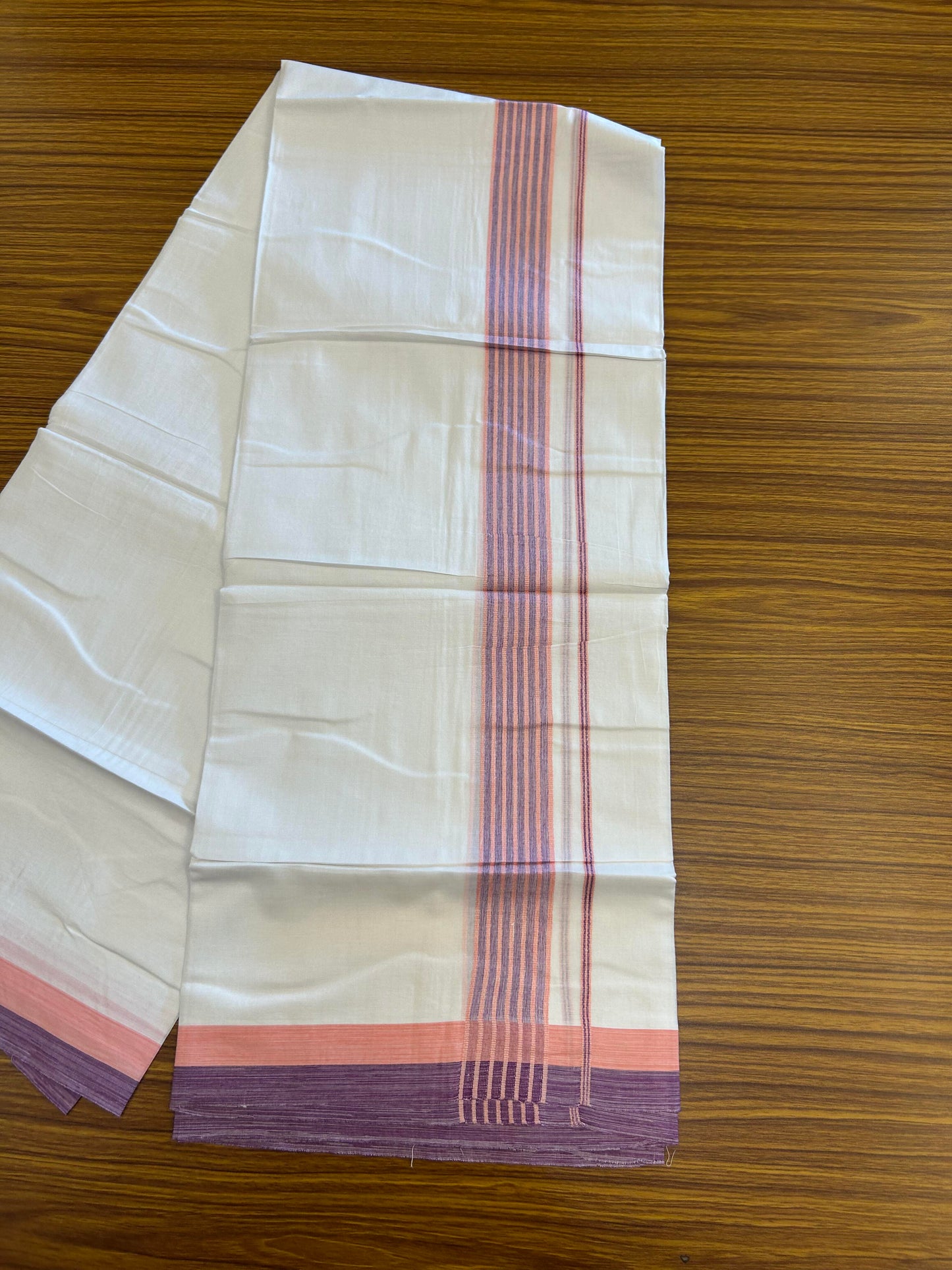 20% Discount ! KaithariKada Balaramapuram Double Pure White Mundu/Dhoti - 100x80 - 1.5 inch Peach Pink & Purple Shaded Striped kara - 3.90 Mtr (8 Muzham) - 32 KK5361 PMC