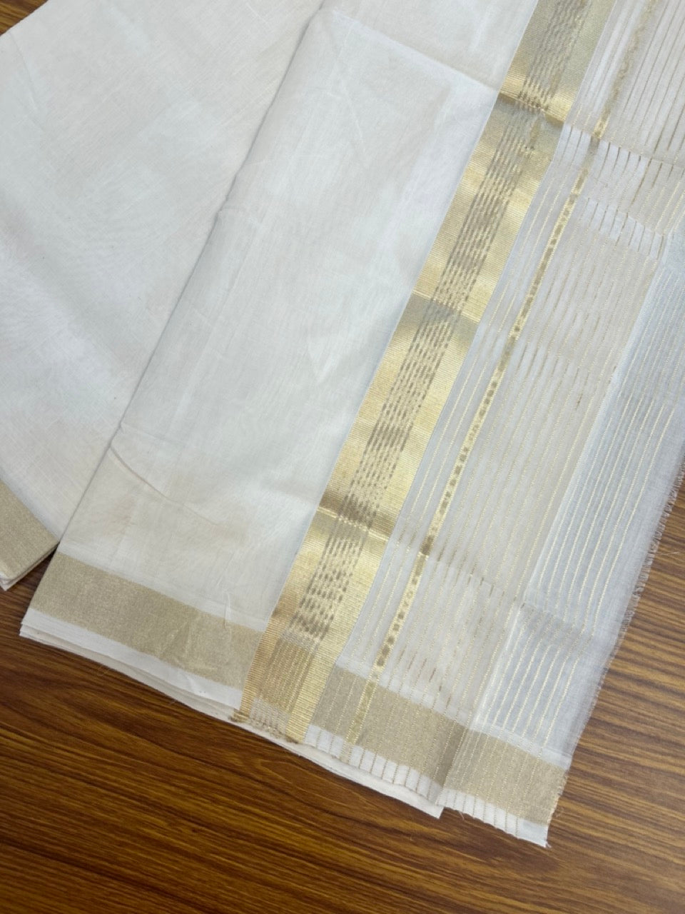 25% Discount ! Kaitharikada Handloom Unakkupaav Balaramapuram - 100% Pure Cotton Off White - (Unbleached) Double Mundu/Dhoti - 100x80 - 7 inch Light Gold Kasav Half Striped Kara 4 mtr (8.5 Muzham) - 27 KK5301 ABH