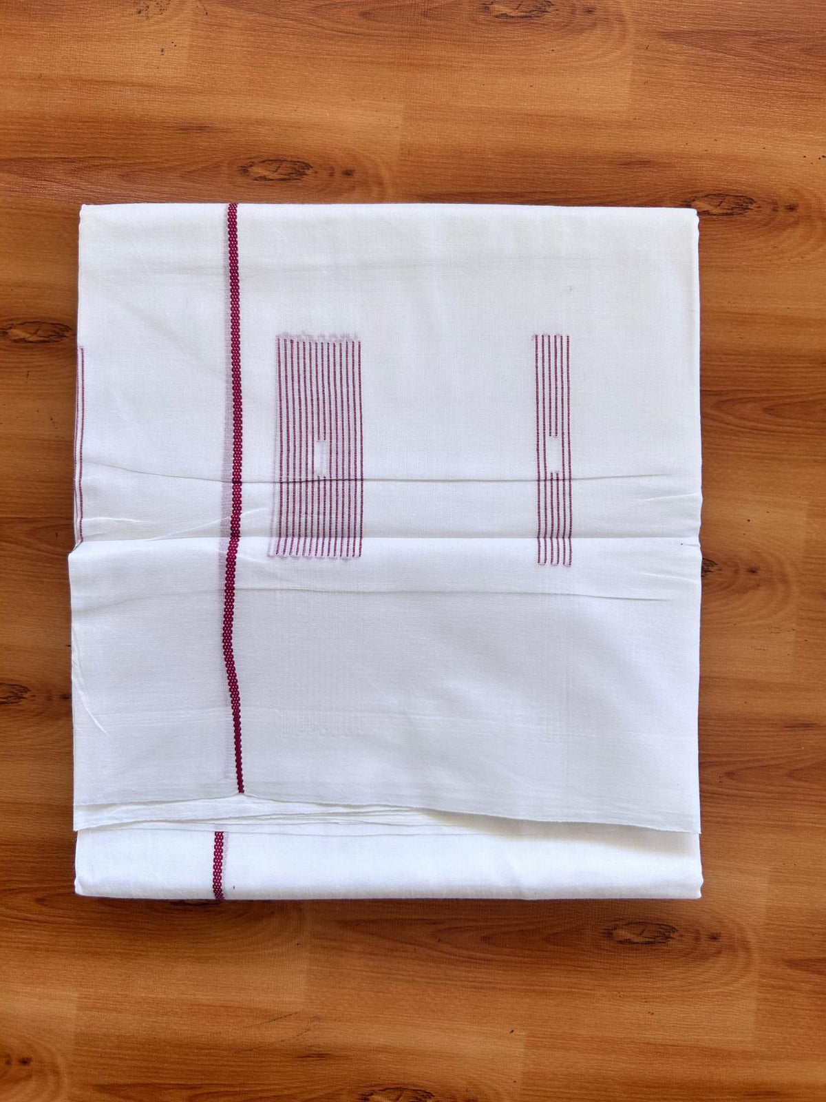 Pure White Double Mundu/Dothi - 20% Discount ! Kaitharikada Balaramapuram 100% Cotton - 100x80 - Maroon Stripes Jacquard Design Kara 3.80 mtr (8 muzham) - 5 KK5516 THI
