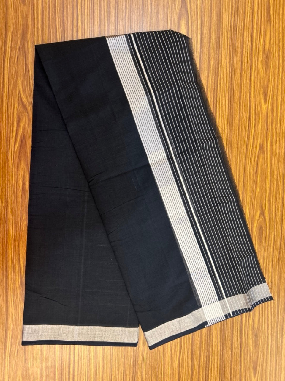 25% Discount! KaithariKada Handloom Unakkupaav Balaramapuram - 100% Cotton Double Mundu/Dhoti - Black Colour Body - 6.5 inch Silver Kasavu Striped Kara - 29 KK5301 ABH