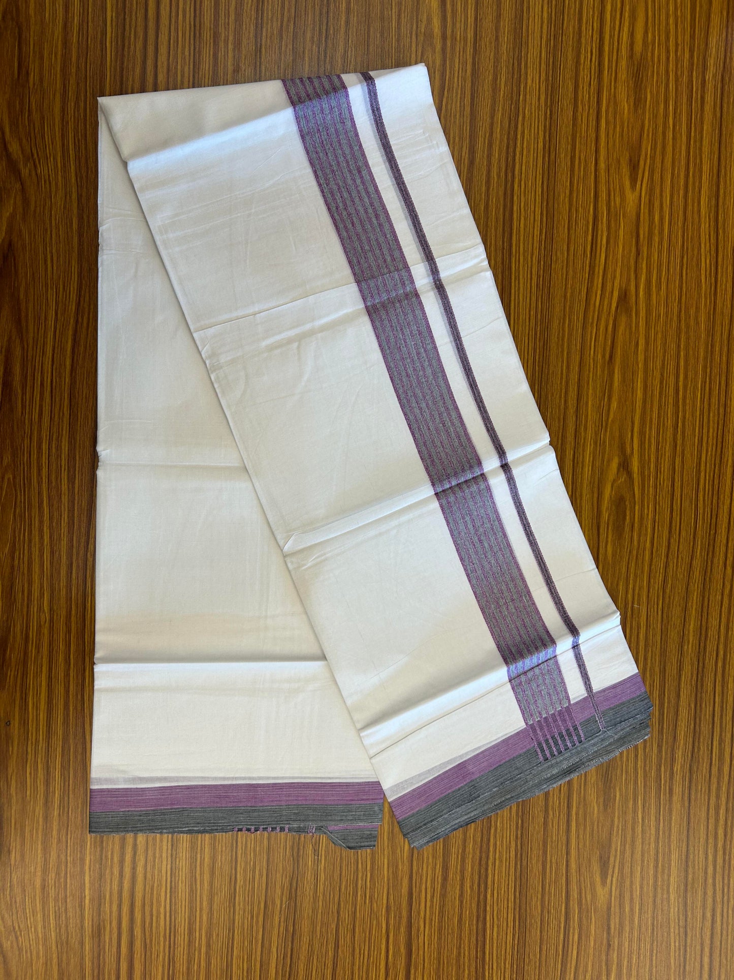 20% Discount ! KaithariKada Balaramapuram Double Pure White Mundu/Dhoti - 100x80 - 1.75 inch Ash Black & Dark Violet Shaded Striped kara - 3.90 Mtr (8 Muzham) - 33 KK5361 PMC