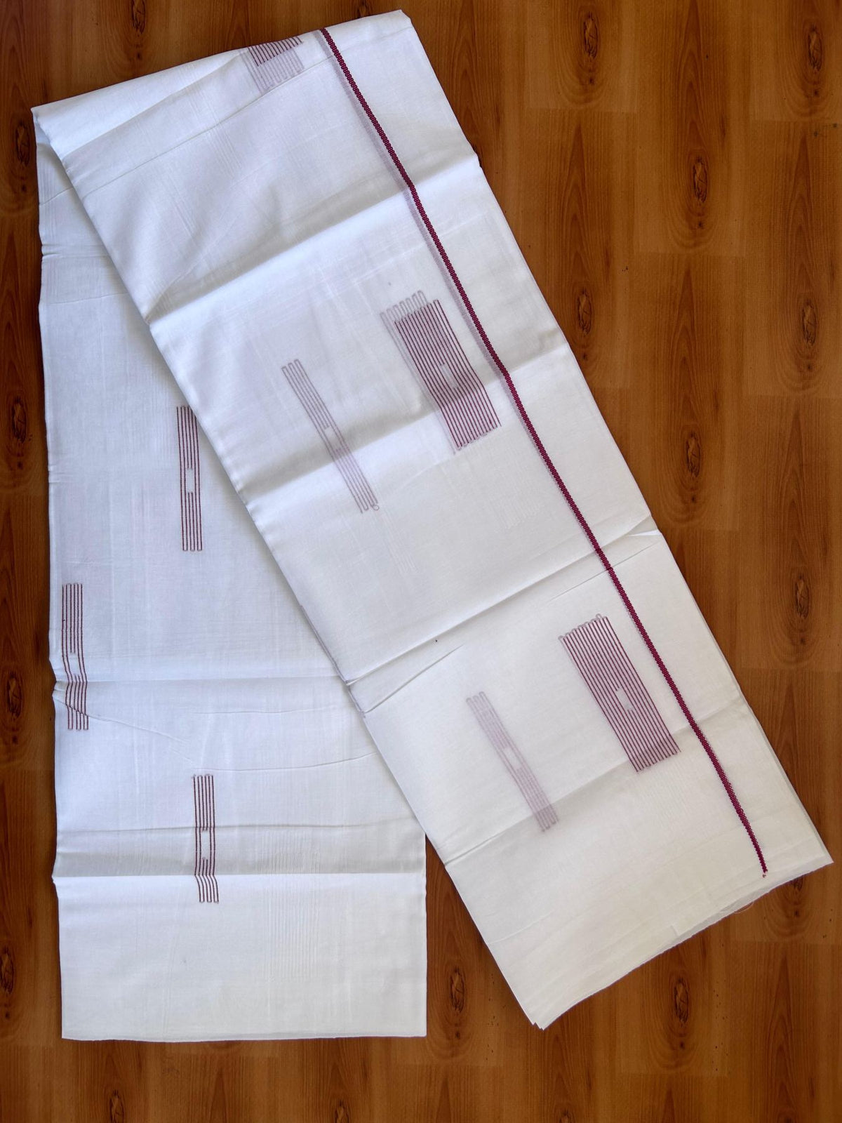 Pure White Double Mundu/Dothi - 20% Discount ! Kaitharikada Balaramapuram 100% Cotton - 100x80 - Maroon Stripes Jacquard Design Kara 3.80 mtr (8 muzham) - 5 KK5516 THI