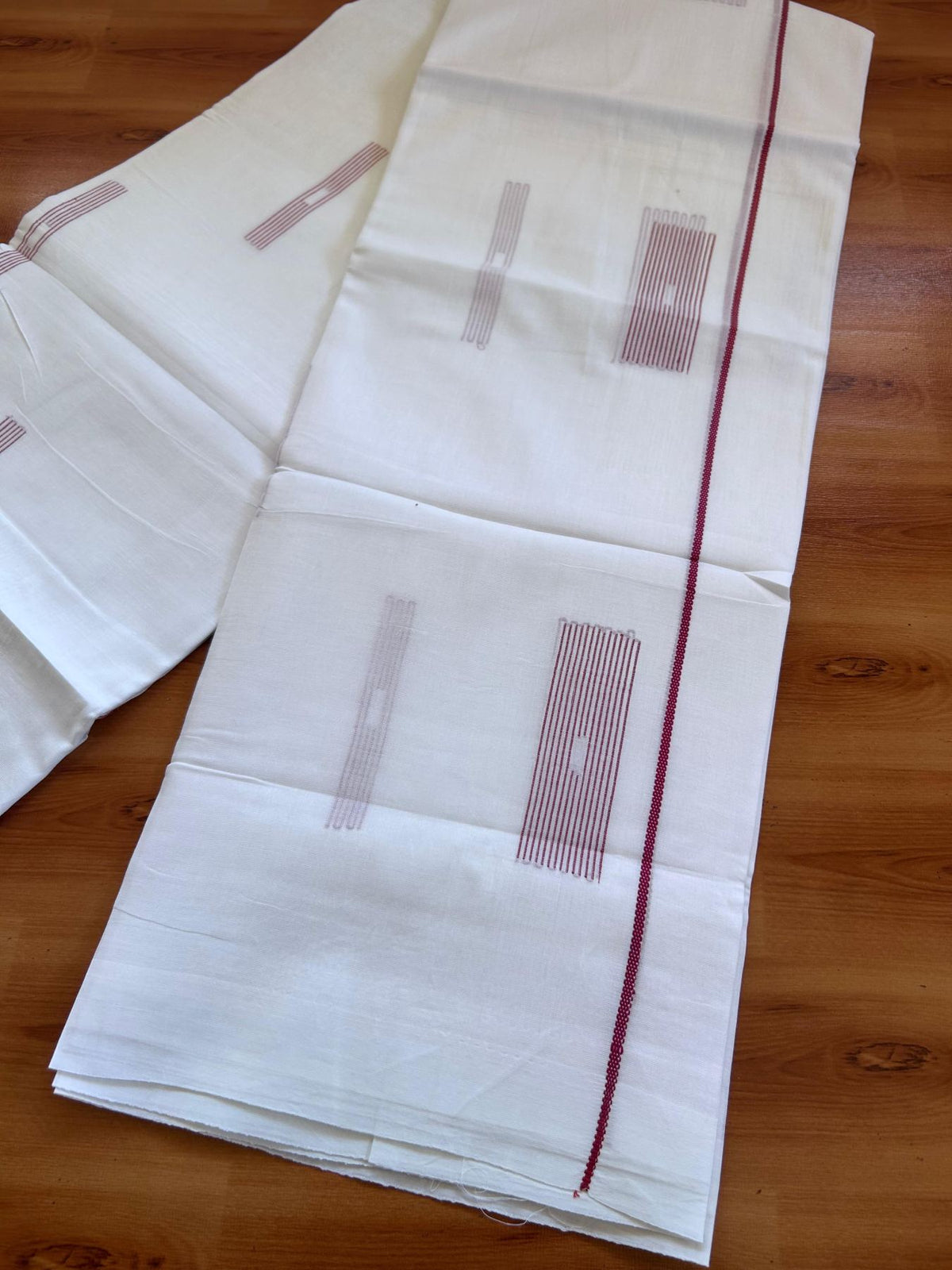 Pure White Double Mundu/Dothi - 20% Discount ! Kaitharikada Balaramapuram 100% Cotton - 100x80 - Maroon Stripes Jacquard Design Kara 3.80 mtr (8 muzham) - 5 KK5516 THI