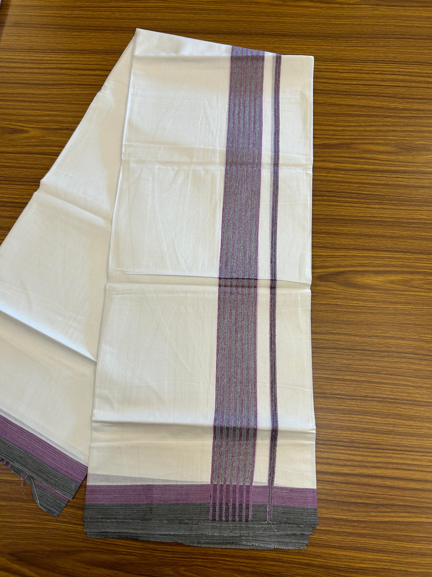 20% Discount ! KaithariKada Balaramapuram Double Pure White Mundu/Dhoti - 100x80 - 1.75 inch Ash Black & Dark Violet Shaded Striped kara - 3.90 Mtr (8 Muzham) - 33 KK5361 PMC