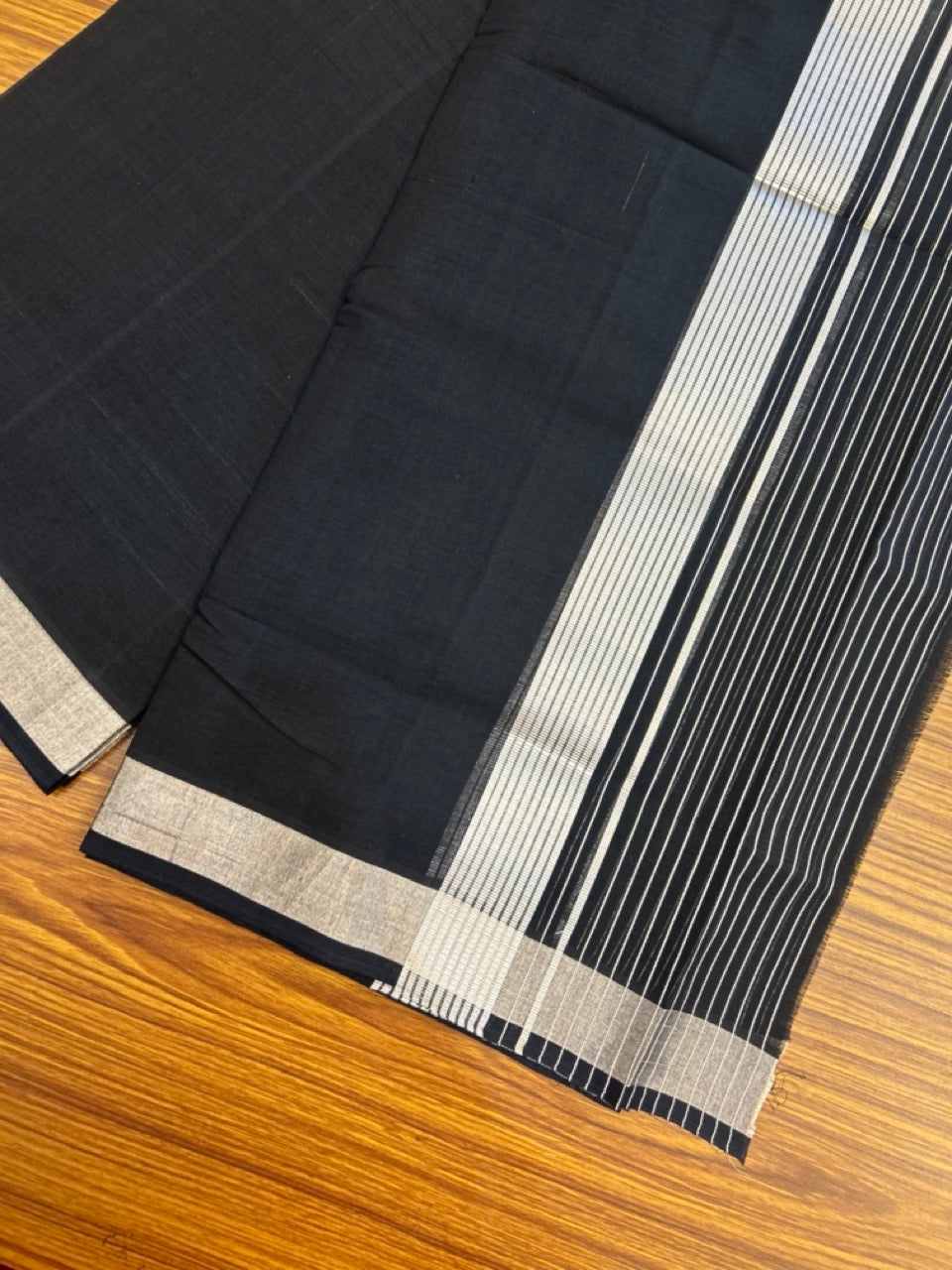 25% Discount! KaithariKada Handloom Unakkupaav Balaramapuram - 100% Cotton Double Mundu/Dhoti - Black Colour Body - 6.5 inch Silver Kasavu Striped Kara - 29 KK5301 ABH
