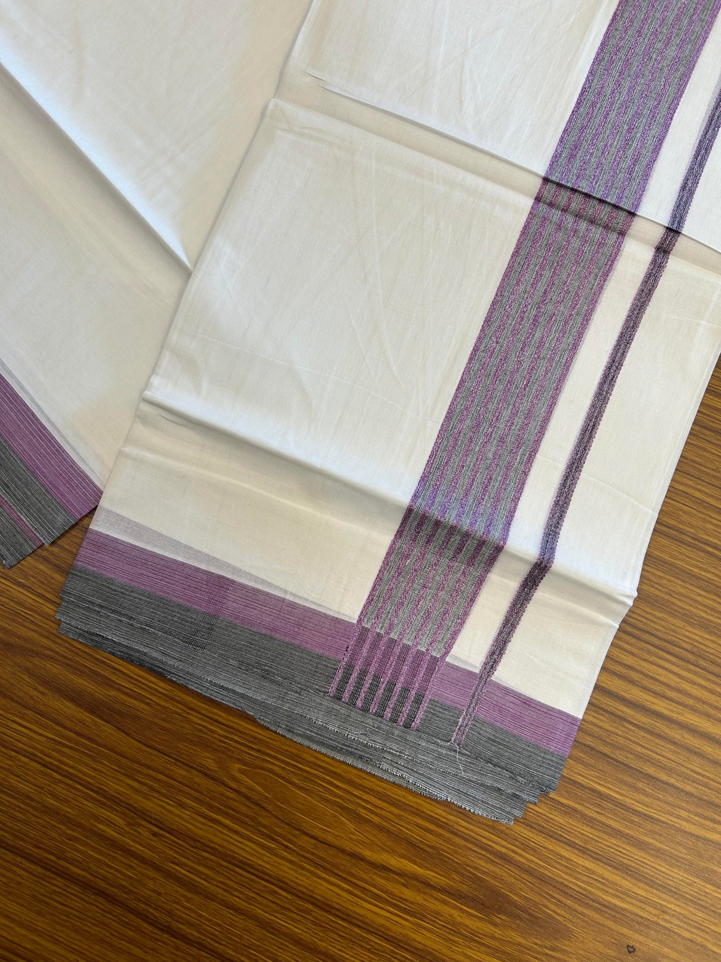 20% Discount ! KaithariKada Balaramapuram Double Pure White Mundu/Dhoti - 100x80 - 1.75 inch Ash Black & Dark Violet Shaded Striped kara - 3.90 Mtr (8 Muzham) - 33 KK5361 PMC