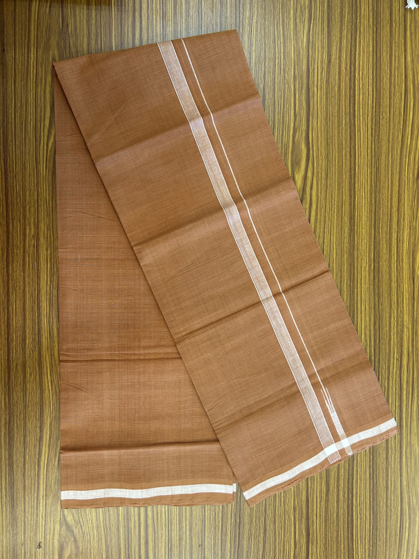 Kerala Handloom Single Hallmarked - 10% Discount !! KaithariKada 100% Pure Cotton - Mundu/Dhoti 2 cm Puliyilakkara White Chutty Kara with Kavi colour Body - (2 meter / 4 muzham) - 3 KK8048 ELA