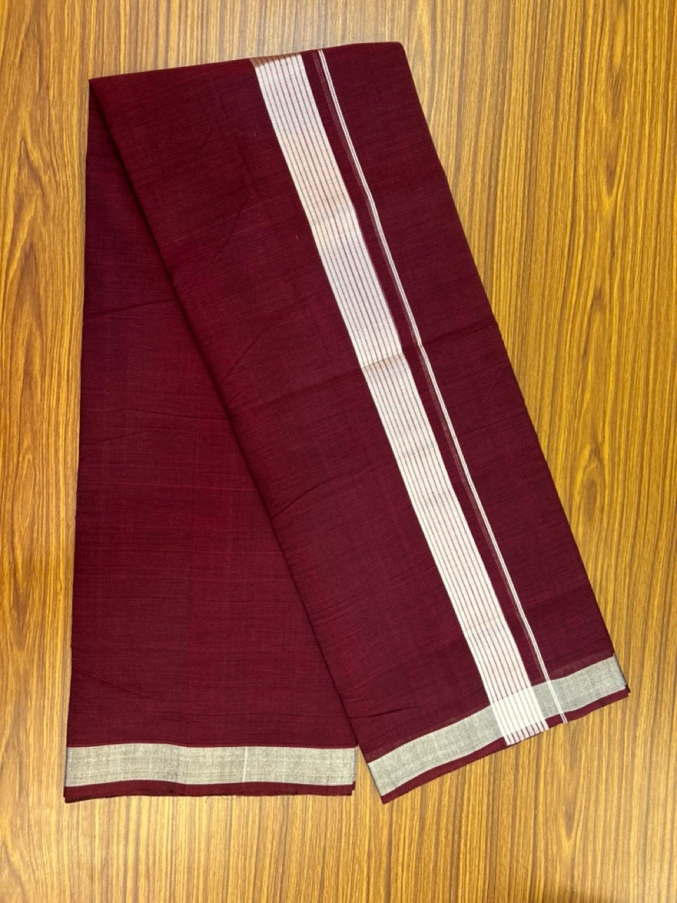 25% Discount! KaithariKada Handloom Unakkupaav Balaramapuram - 100% Cotton Double Mundu/Dhoti - Dark Maroon Colour Body - 1.75 inch Silver Kasavu Striped Kara - 30 KK5301 ABH