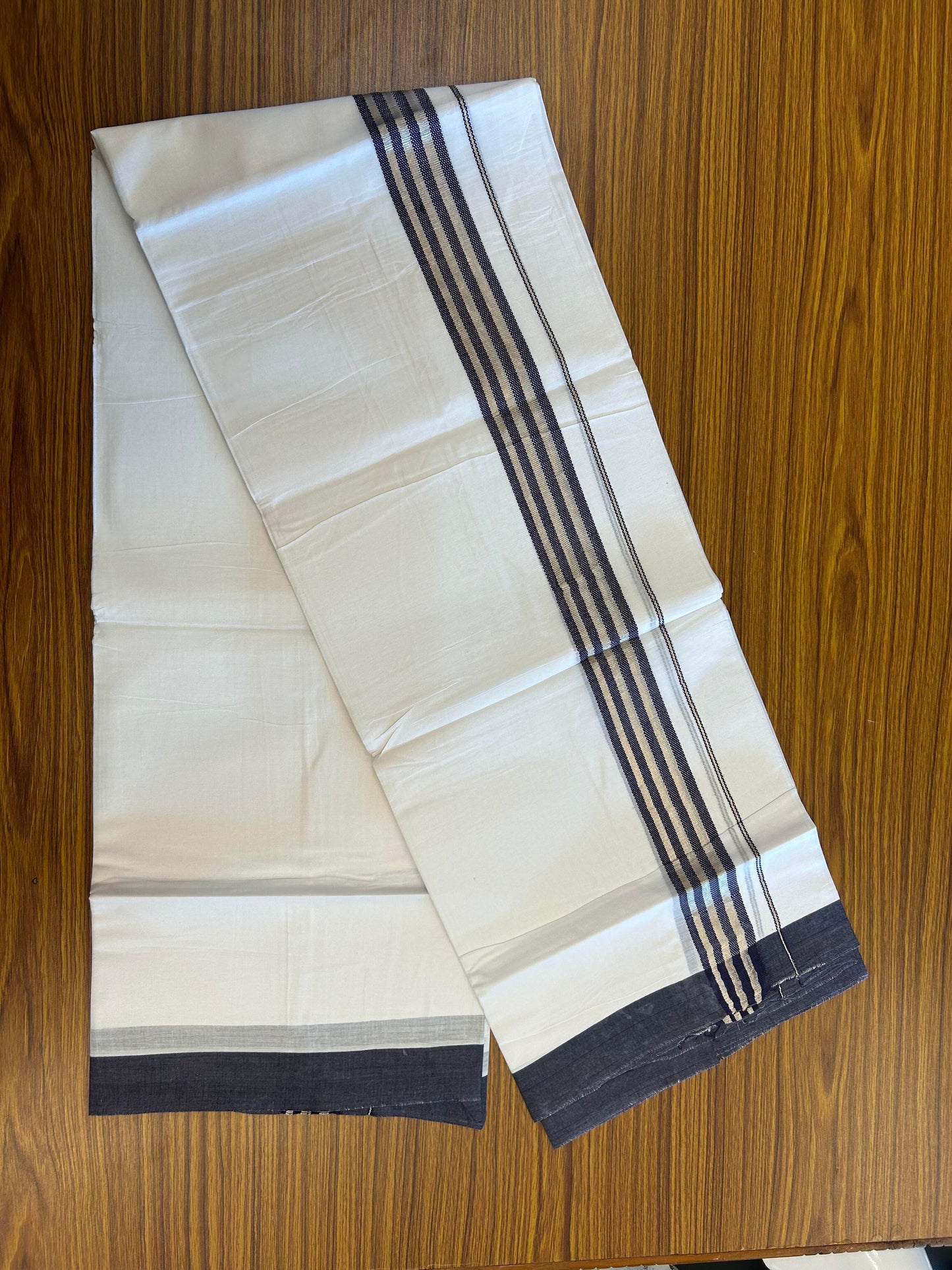 20% Discount ! KaithariKada Balaramapuram 100% Cotton Double Pure White Mundu/Dhoti - 100X80 - 1.5 inch Silver Kasav & Navy Blue Stripes kara 3.90 mtr (8 muzham) - 13 KK5361 PMC