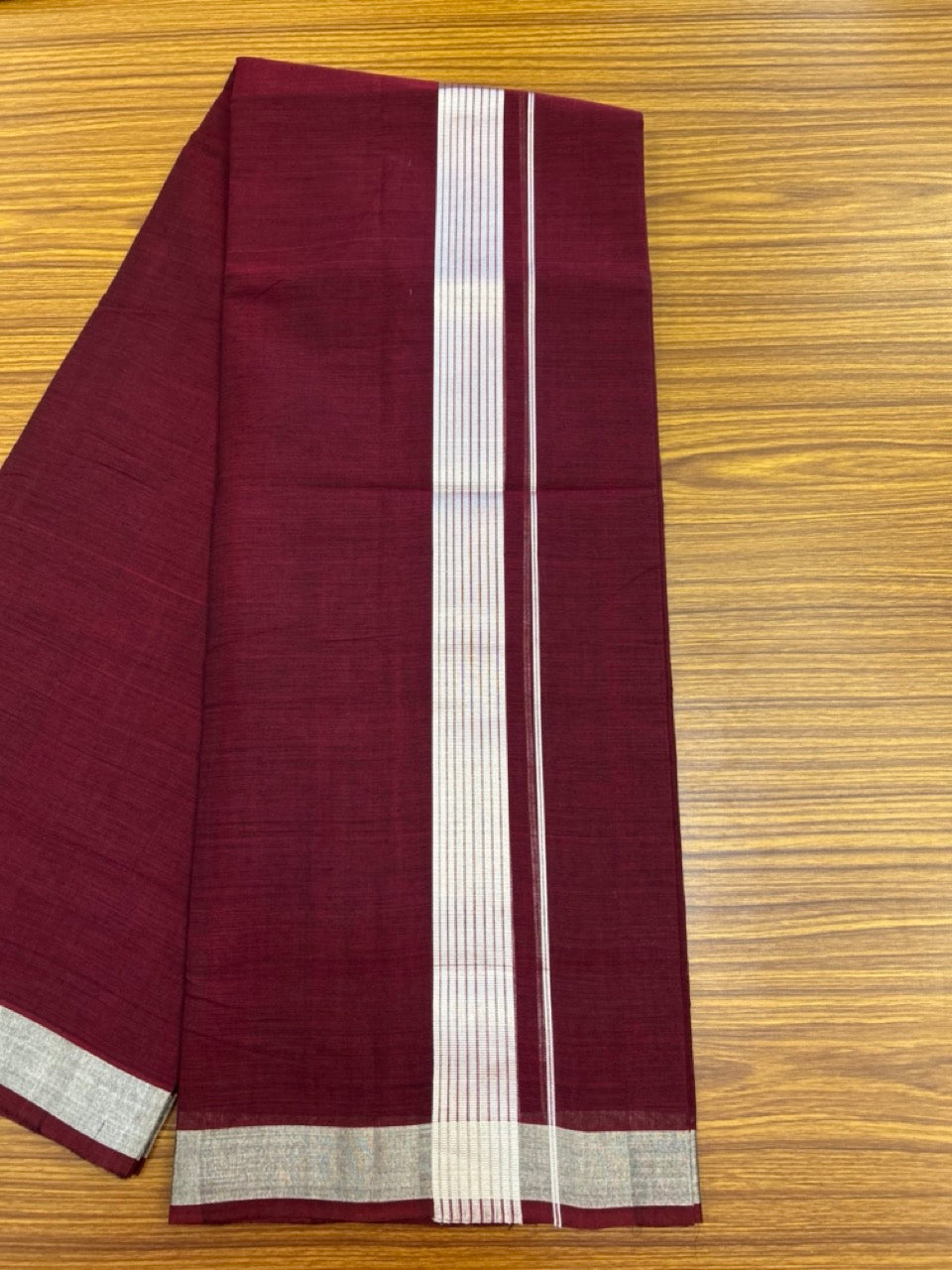 25% Discount! KaithariKada Handloom Unakkupaav Balaramapuram - 100% Cotton Double Mundu/Dhoti - Dark Maroon Colour Body - 1.75 inch Silver Kasavu Striped Kara - 30 KK5301 ABH